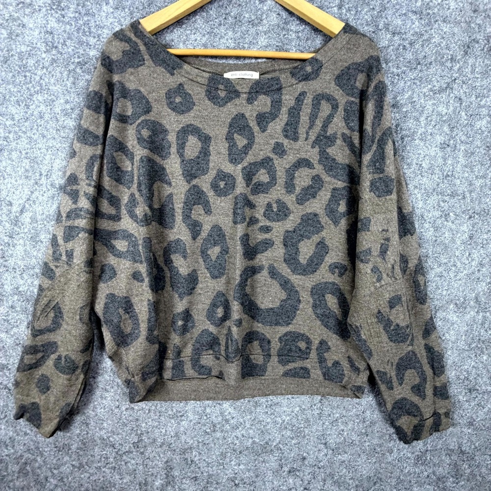Enti Clothing Sweater Womens Medium Brown Gray Leopard Print Soft Y2K Pullover